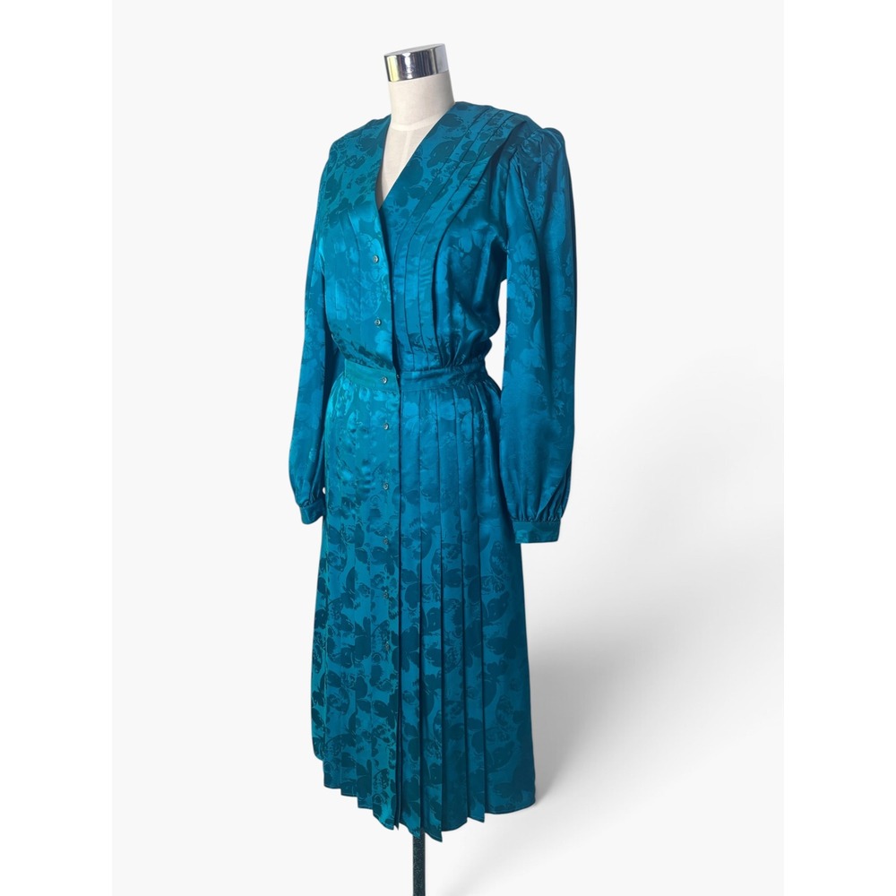 Vintage Argenti 100% Silk Teal Butterfly Jacquard Pleated Midi Dress Size 8 - Picture 3 of 8